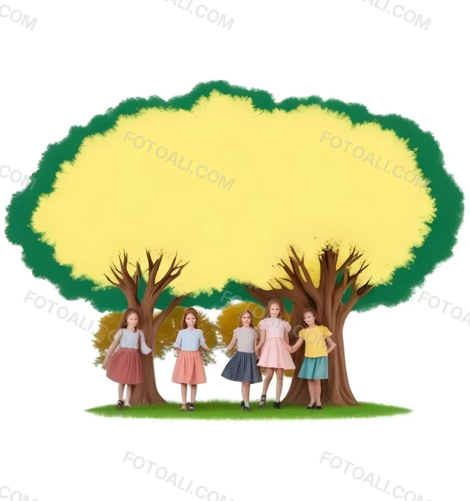 Four Caucasian Girls With An Average Age Of 8 Under A Tree With A Yellow Space For Text 15 316b