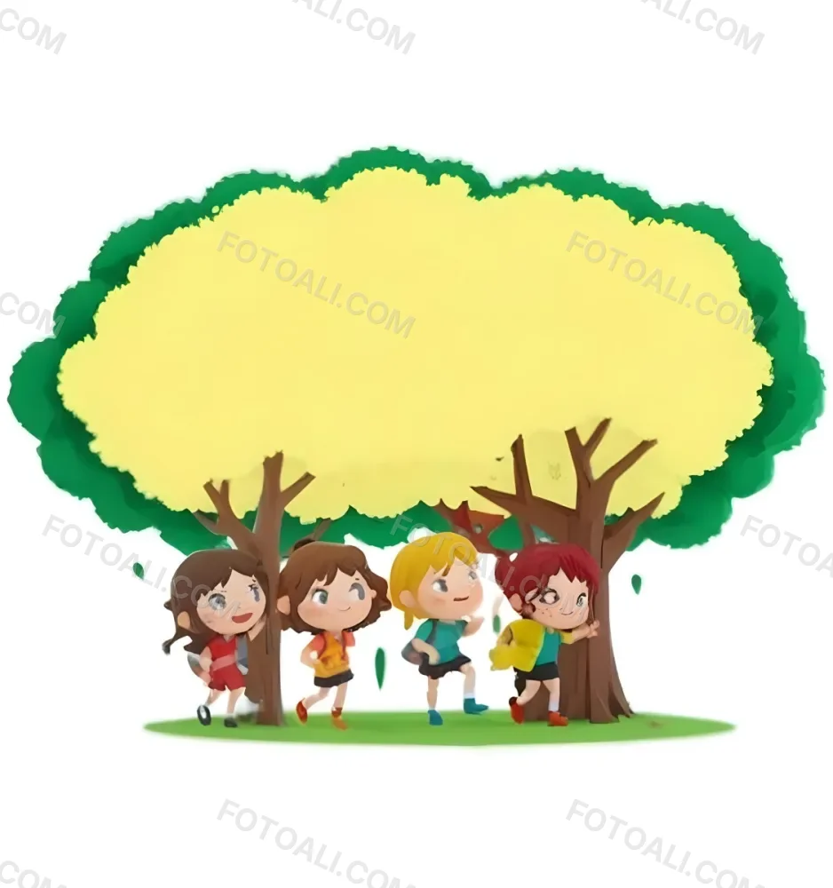 Four Caucasian Girls With An Average Age Of 8 Under A Tree With A Yellow Space For Text 19 Fb28
