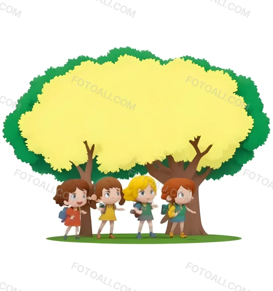 Four Caucasian Girls With An Average Age Of 8 Under A Tree With A Yellow Space For Text 20 9b9c