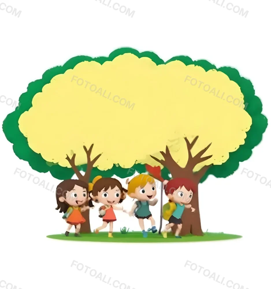 Four Caucasian Girls With An Average Age Of 8 Under A Tree With A Yellow Space For Text 24 187f