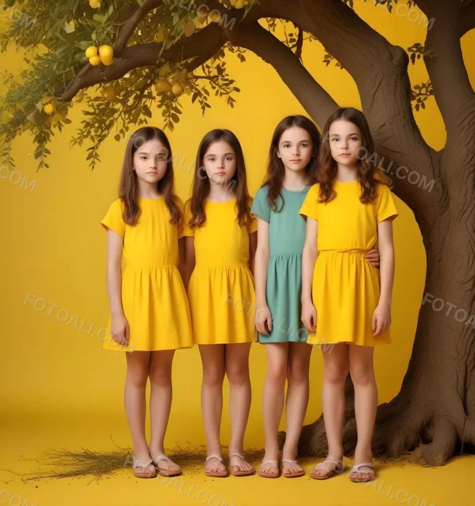 Four Caucasian Girls With An Average Age Of 8 Under A Tree With A Yellow Space For Text 4 4bd8