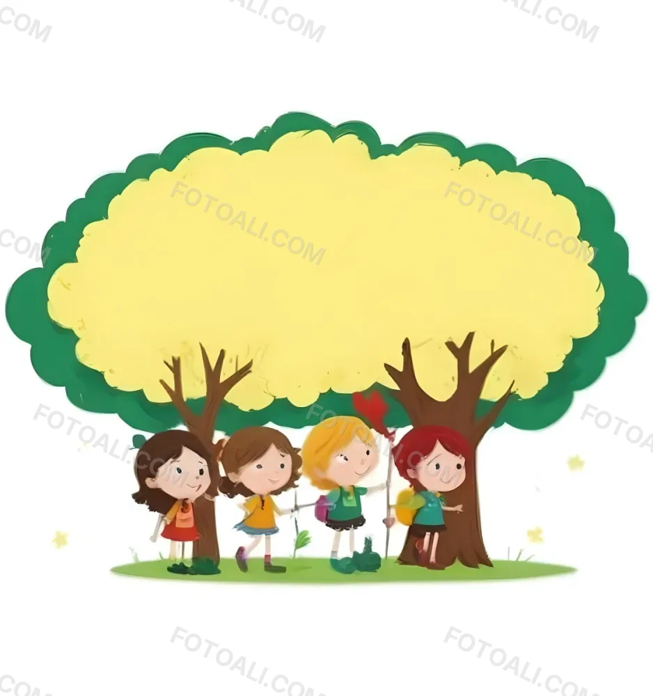 Four Caucasian Girls With An Average Age Of 8 Under A Tree With A Yellow Space For Text 46 2fe2