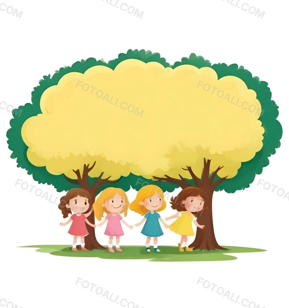 Four Caucasian Girls With An Average Age Of 8 Under A Tree With A Yellow Space For Text 49 7067