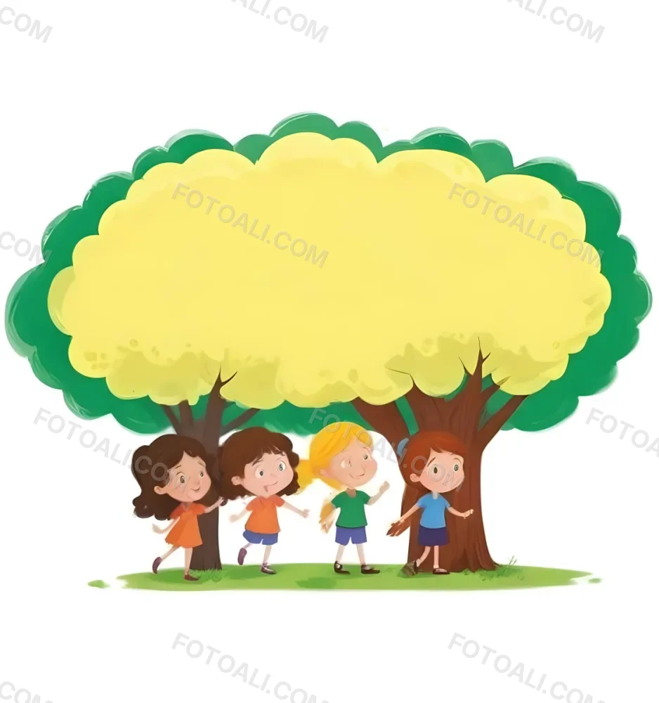 Four Caucasian Girls With An Average Age Of 8 Under A Tree With A Yellow Space For Text 50 67fe