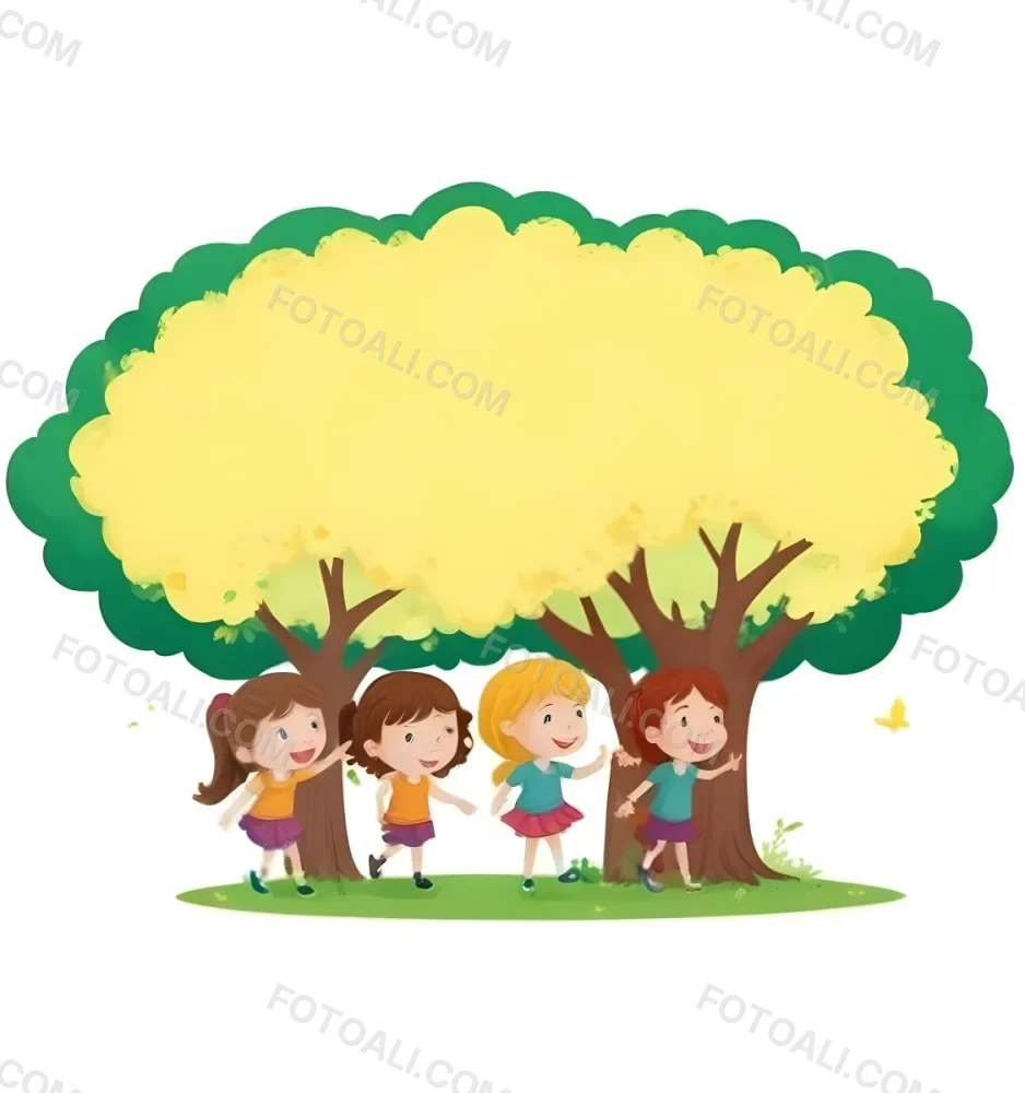 Four Caucasian Girls With An Average Age Of 8 Under A Tree With A Yellow Space For Text 51 Dab3