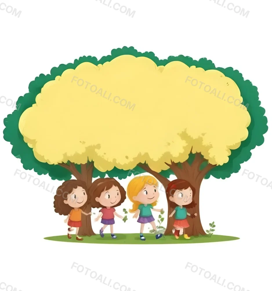Four Caucasian Girls With An Average Age Of 8 Under A Tree With A Yellow Space For Text 52 4a52