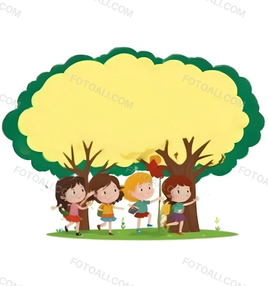 Four Caucasian Girls With An Average Age Of 8 Under A Tree With A Yellow Space For Text 53 696f