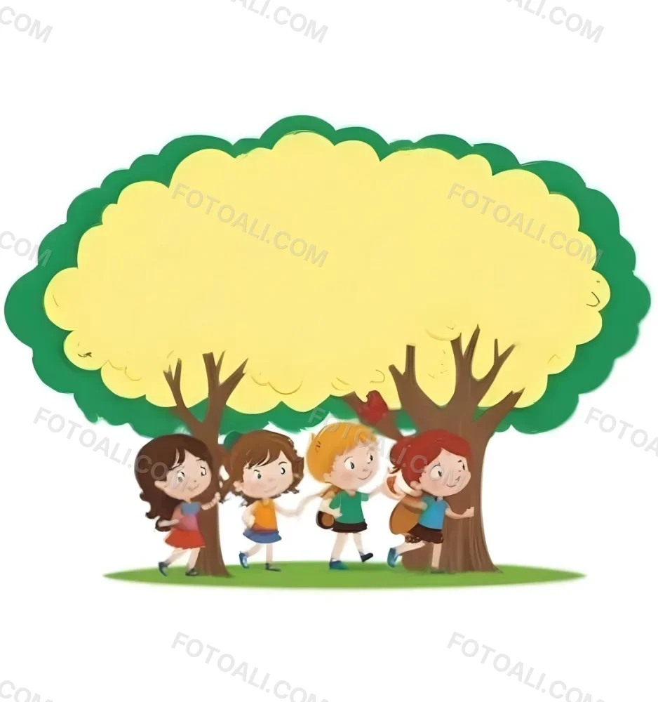 Four Caucasian Girls With An Average Age Of 8 Under A Tree With A Yellow Space For Text 54 61ce