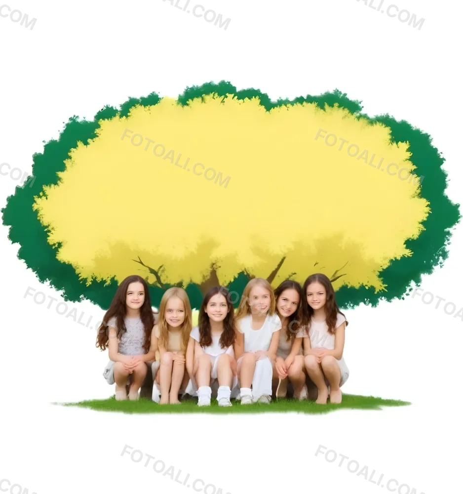Four Caucasian Girls With An Average Age Of 8 Under A Tree With A Yellow Space For Text 7 42ca