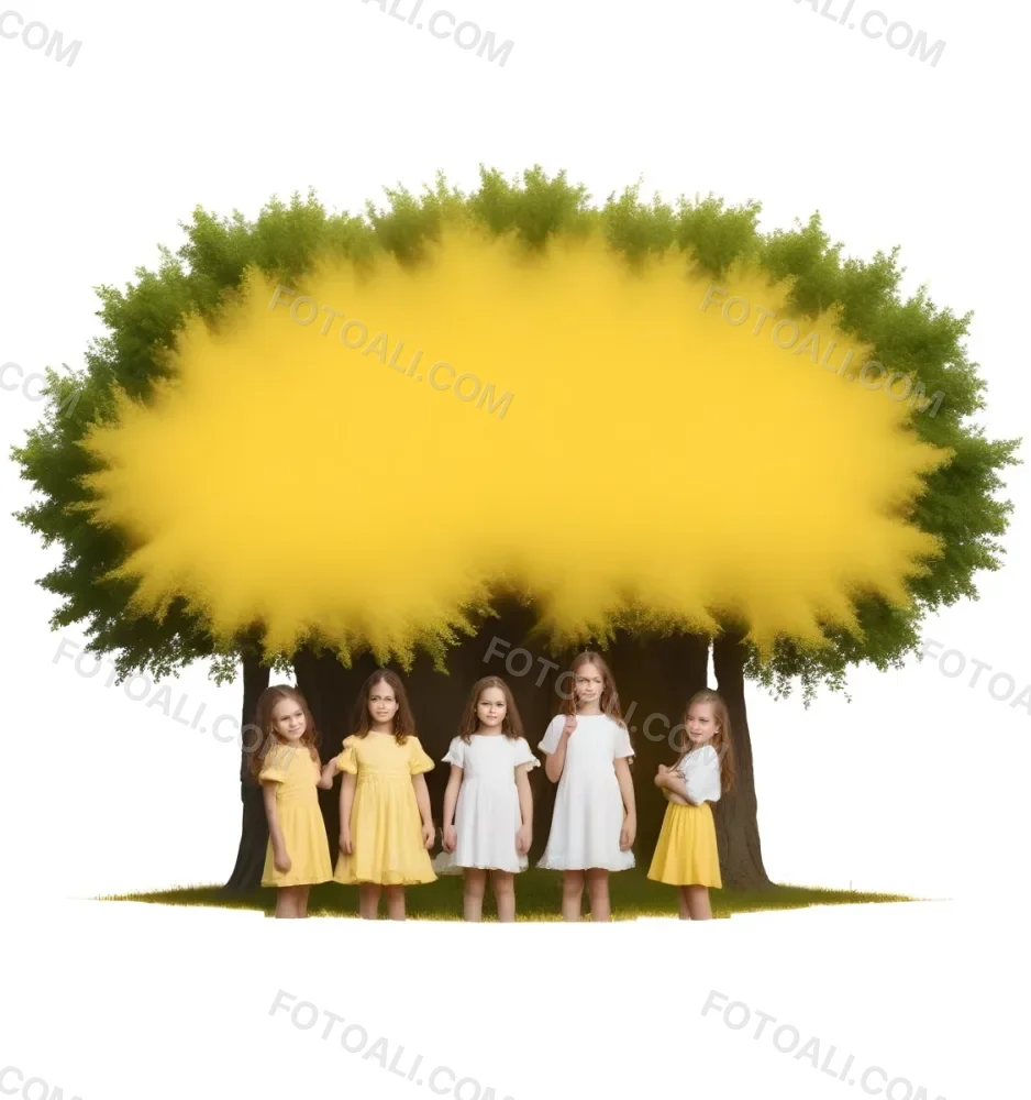 Four Caucasian Girls With An Average Age Of 8 Under A Tree With A Yellow Space For Text 8 E34b