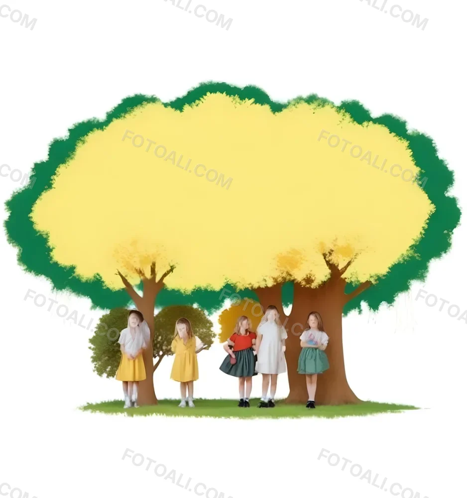 Four Caucasian Girls With An Average Age Of 8 Under A Tree With A Yellow Space For Text 9 4bb8