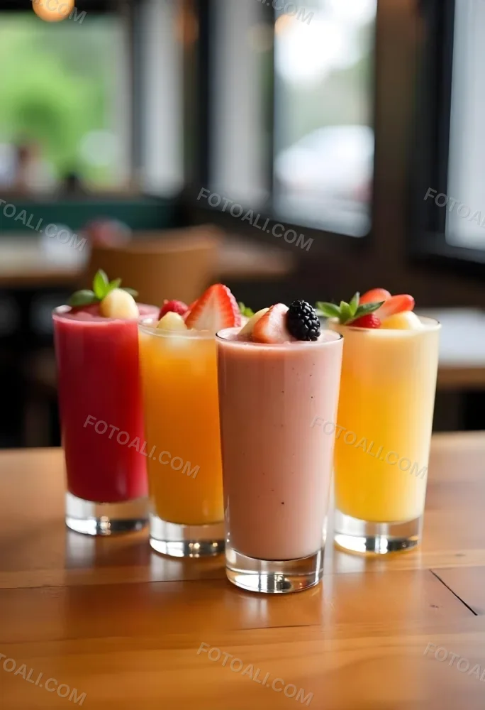 Four Glasses Of Smoothies With Different Colors And Fruits On Top On A Wooden Table In A Restaurant 1 3d60