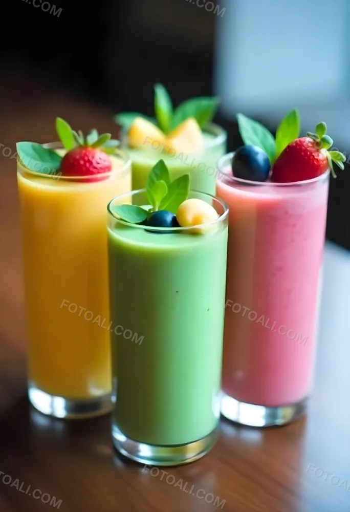 Four Glasses Of Smoothies With Different Colors And Fruits On Top On A Wooden Table In A Restaurant 10 1931