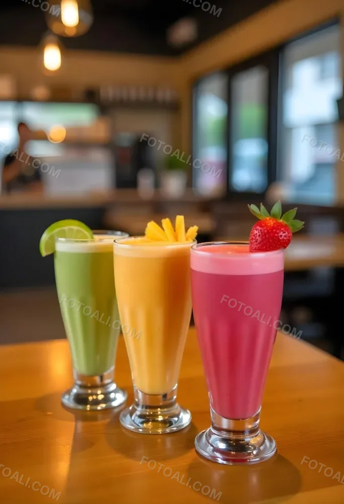 Four Glasses Of Smoothies With Different Colors And Fruits On Top On A Wooden Table In A Restaurant 11 F329