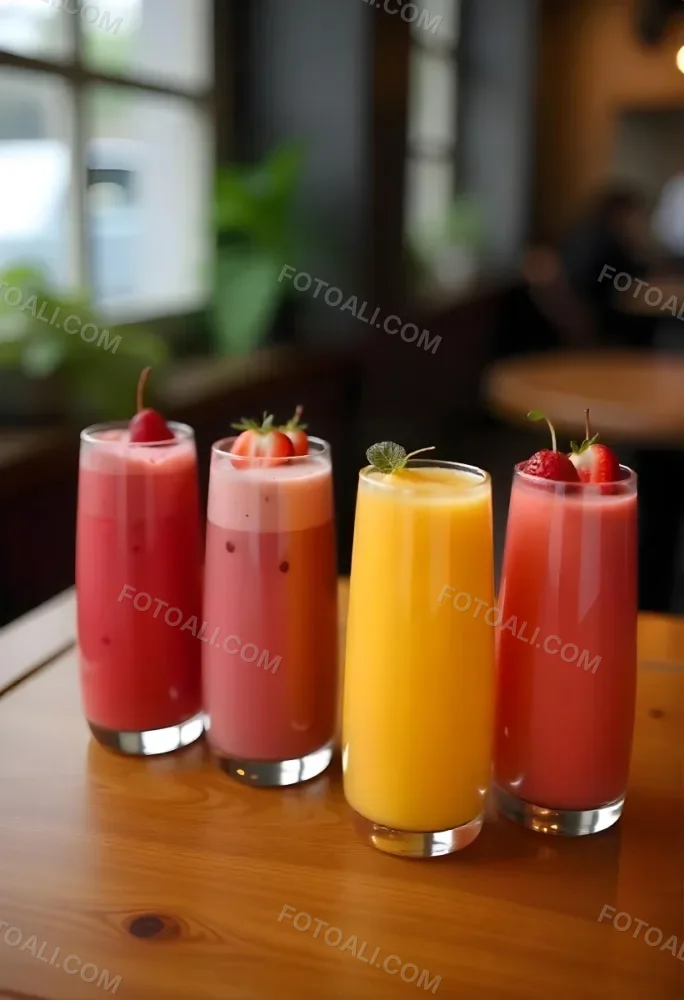 Four Glasses Of Smoothies With Different Colors And Fruits On Top On A Wooden Table In A Restaurant 13 73af