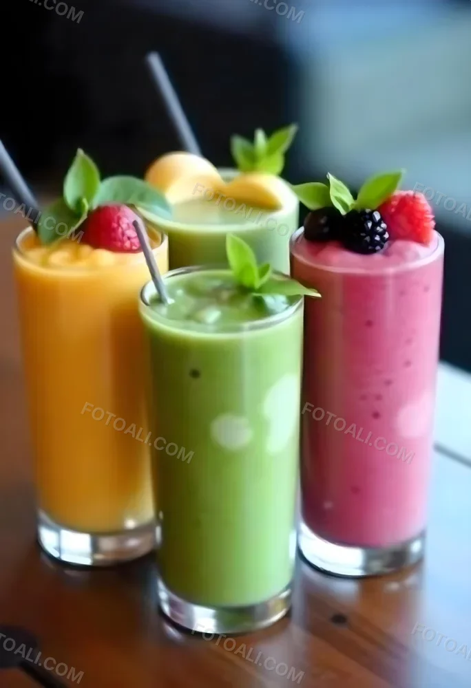 Four Glasses Of Smoothies With Different Colors And Fruits On Top On A Wooden Table In A Restaurant 16 1a28