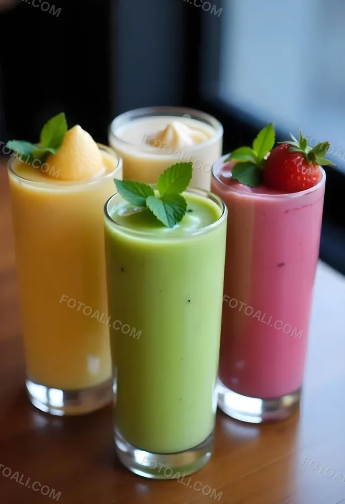Four Glasses Of Smoothies With Different Colors And Fruits On Top On A Wooden Table In A Restaurant 17 0d9e
