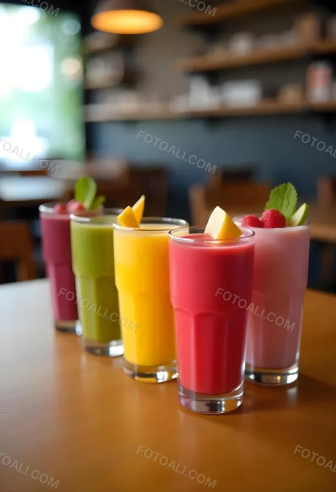 Four Glasses Of Smoothies With Different Colors And Fruits On Top On A Wooden Table In A Restaurant 2 1485