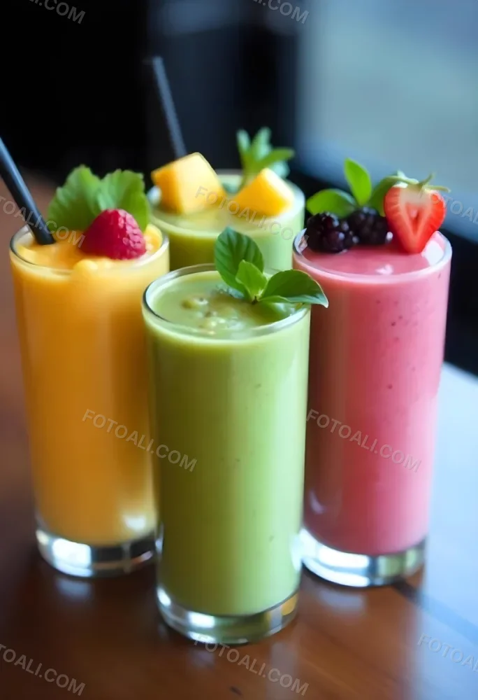Four Glasses Of Smoothies With Different Colors And Fruits On Top On A Wooden Table In A Restaurant 20 D984
