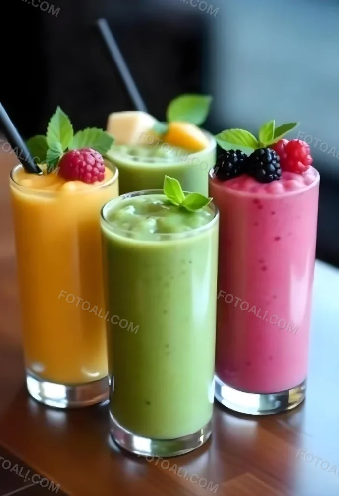 Four Glasses Of Smoothies With Different Colors And Fruits On Top On A Wooden Table In A Restaurant 22 F083