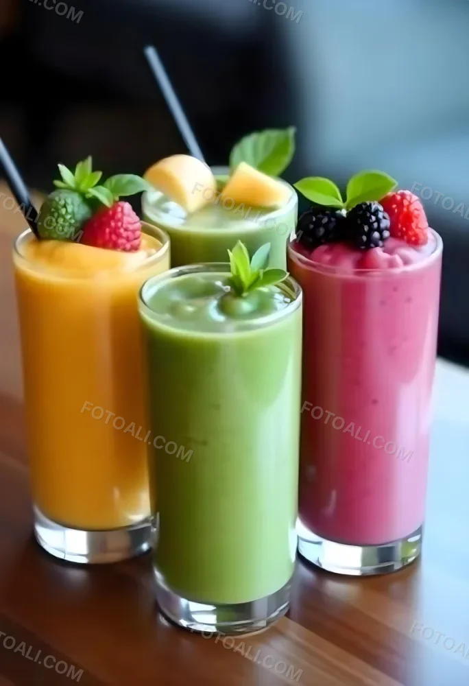 Four Glasses Of Smoothies With Different Colors And Fruits On Top On A Wooden Table In A Restaurant 23 25ed