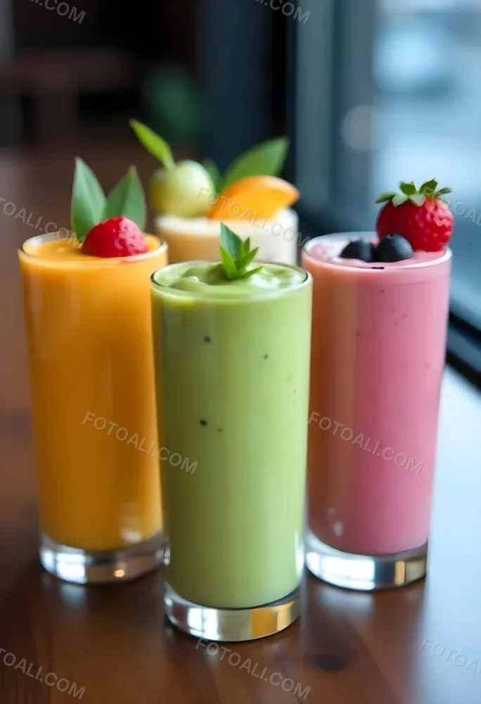 Four Glasses Of Smoothies With Different Colors And Fruits On Top On A Wooden Table In A Restaurant 4 F882