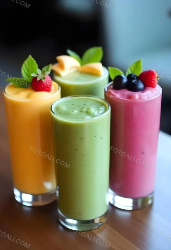 Four Glasses Of Smoothies With Different Colors And Fruits On Top On A Wooden Table In A Restaurant 5 E99b