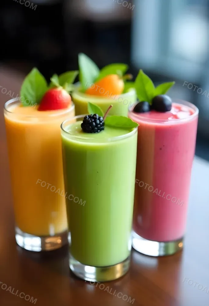 Four Glasses Of Smoothies With Different Colors And Fruits On Top On A Wooden Table In A Restaurant 6 9b03
