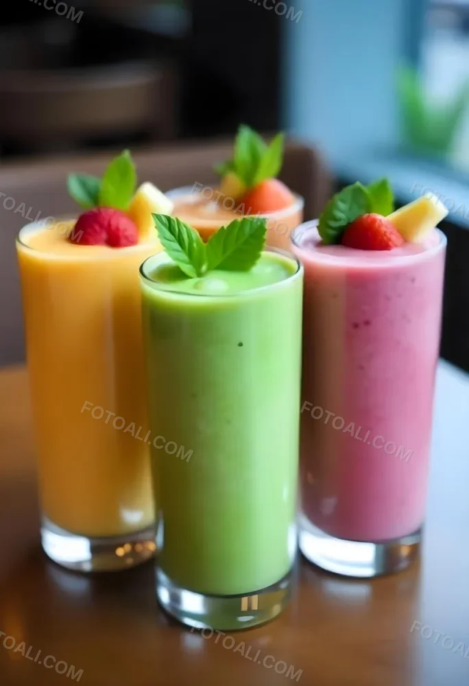 Four Glasses Of Smoothies With Different Colors And Fruits On Top On A Wooden Table In A Restaurant 7 Aed4