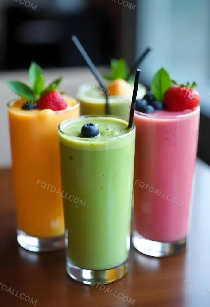 Four Glasses Of Smoothies With Different Colors And Fruits On Top On A Wooden Table In A Restaurant 9 D118