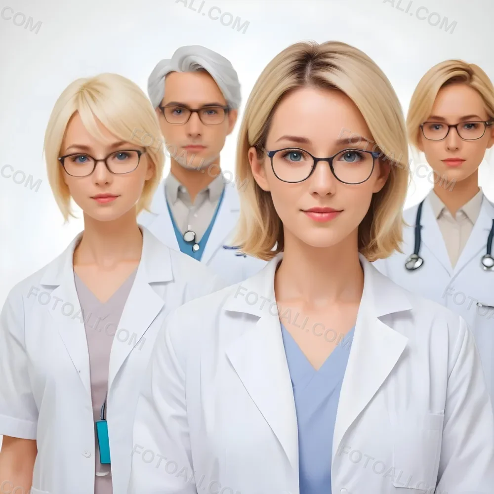 Four Medical Professionals Standing In A Row The Front Person Is A Caucasian Woman In Her 30s With Shoulder Length Blonde Hair Wearing A White Lab Coat Behind Her Are Two Women One With Short Blonde Hair And The Ot 15 54fd