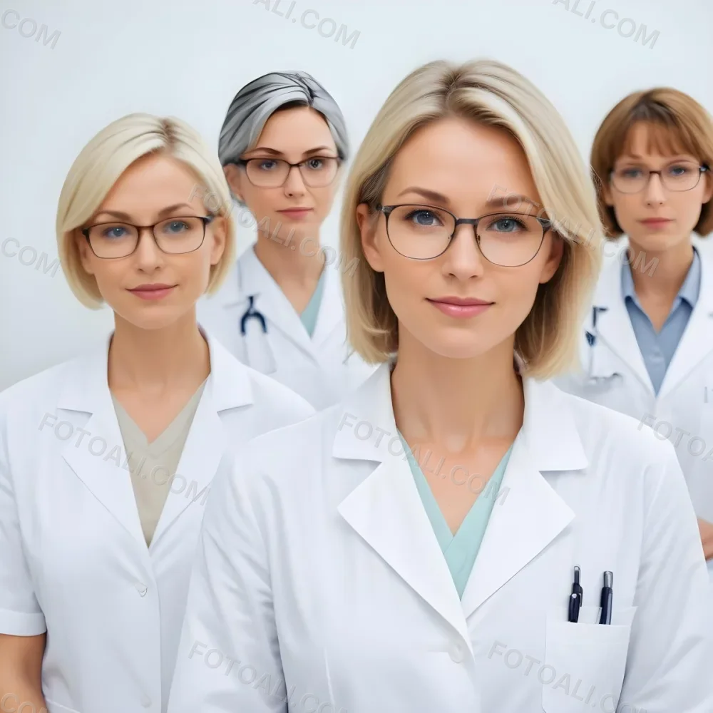 Four Medical Professionals Standing In A Row The Front Person Is A Caucasian Woman In Her 30s With Shoulder Length Blonde Hair Wearing A White Lab Coat Behind Her Are Two Women One With Short Blonde Hair And The Ot 33 75a1