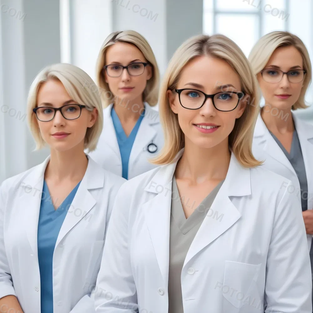 Four Medical Professionals Standing In A Row The Front Person Is A Caucasian Woman In Her 30s With Shoulder Length Blonde Hair Wearing A White Lab Coat Behind Her Are Two Women One With Short Blonde Hair And The Ot 37 E5f3
