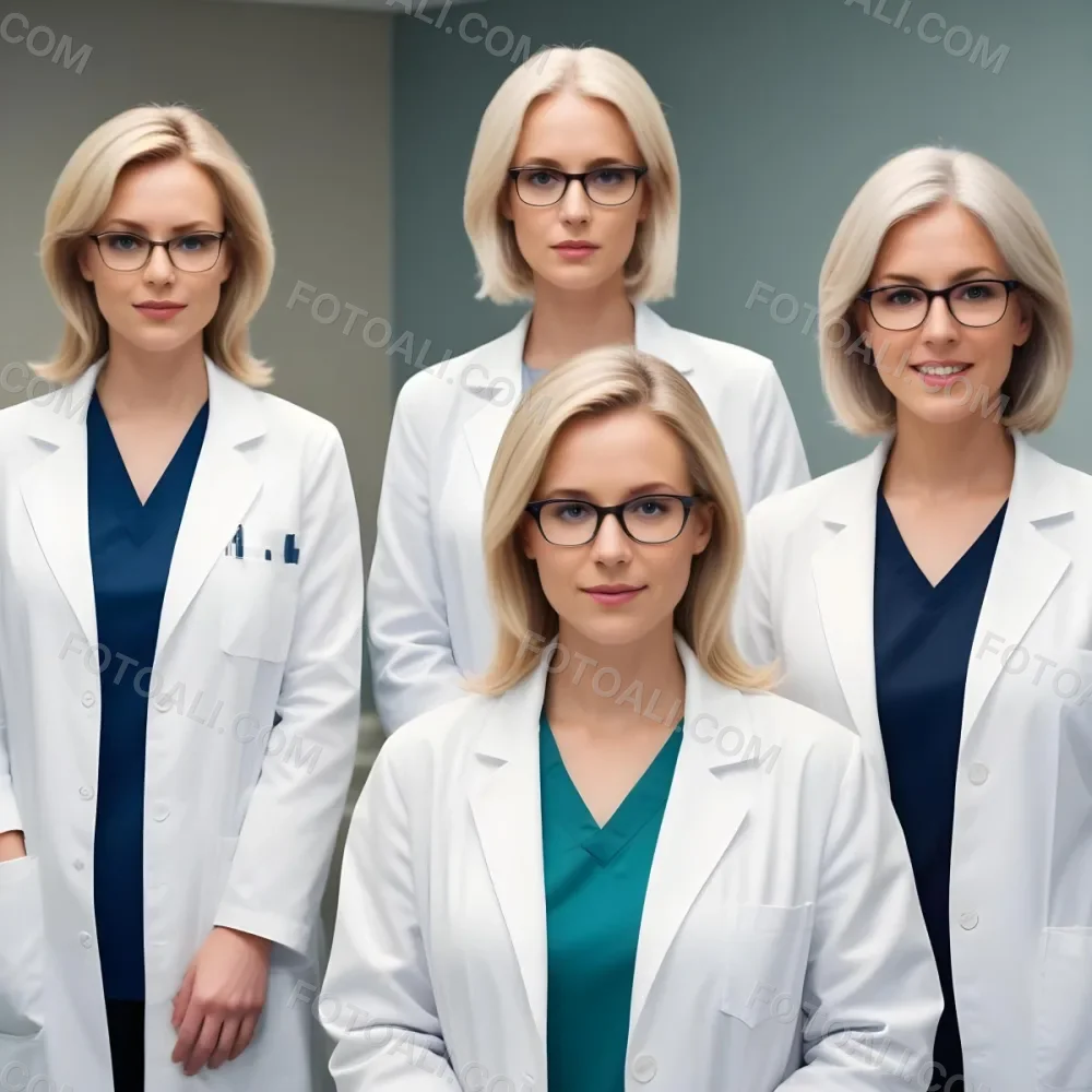 Four Medical Professionals Standing In A Row The Front Person Is A Caucasian Woman In Her 30s With Shoulder Length Blonde Hair Wearing A White Lab Coat Behind Her Are Two Women One With Short Blonde Hair And The Ot 38 Ab3c