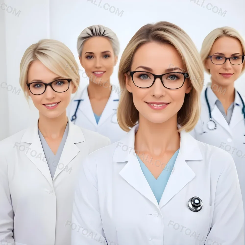 Four Medical Professionals Standing In A Row The Front Person Is A Caucasian Woman In Her 30s With Shoulder Length Blonde Hair Wearing A White Lab Coat Behind Her Are Two Women One With Short Blonde Hair And The Ot 44 9514
