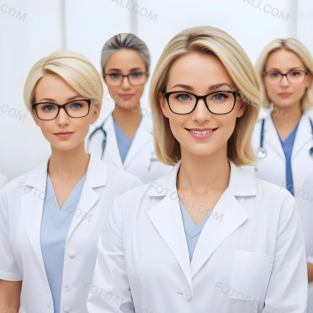 Four Medical Professionals Standing In A Row The Front Person Is A Caucasian Woman In Her 30s With Shoulder Length Blonde Hair Wearing A White Lab Coat Behind Her Are Two Women One With Short Blonde Hair And The Ot 45 11bb