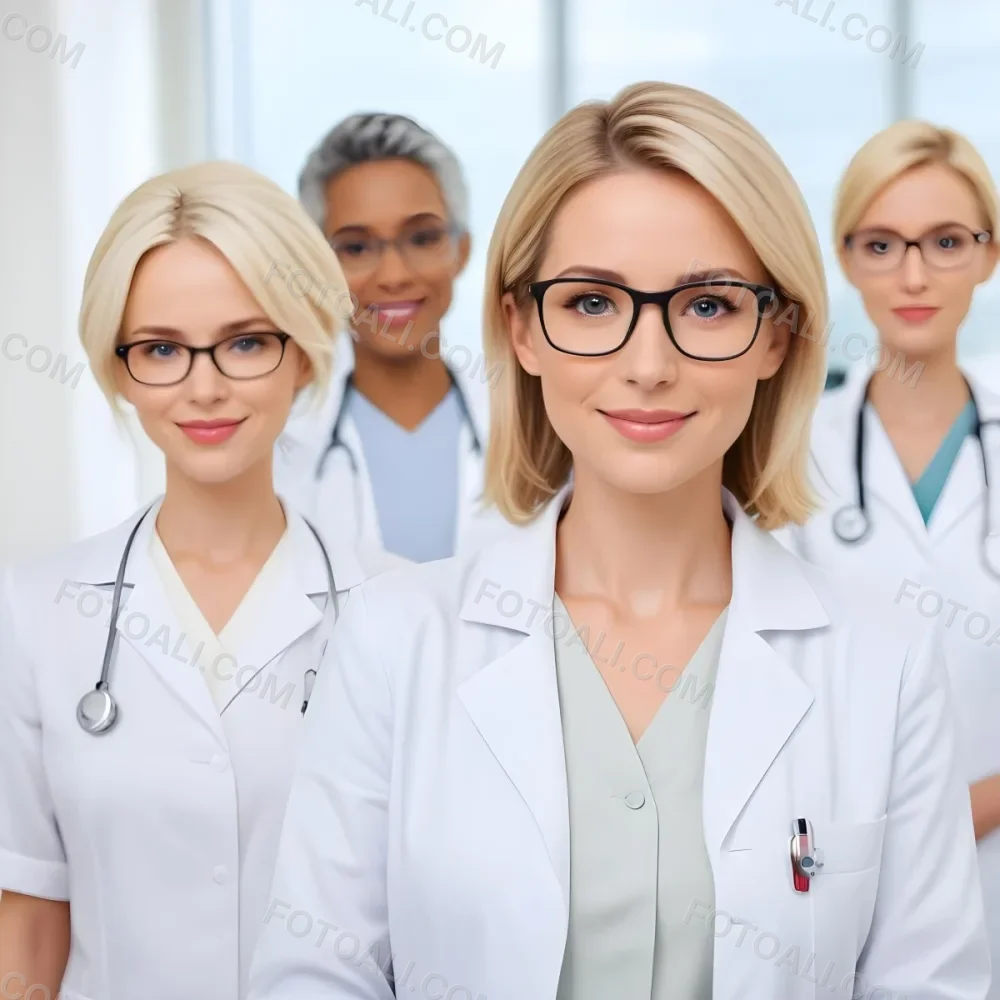Four Medical Professionals Standing In A Row The Front Person Is A Caucasian Woman In Her 30s With Shoulder Length Blonde Hair Wearing A White Lab Coat Behind Her Are Two Women One With Short Blonde Hair And The Ot 47 82b7