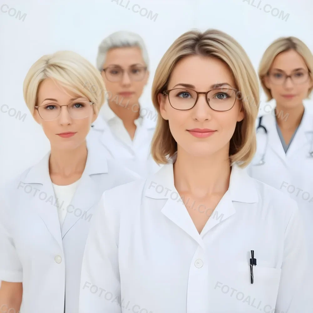 Four Medical Professionals Standing In A Row The Front Person Is A Caucasian Woman In Her 30s With Shoulder Length Blonde Hair Wearing A White Lab Coat Behind Her Are Two Women One With Short Blonde Hair And The Ot 48 8bfe