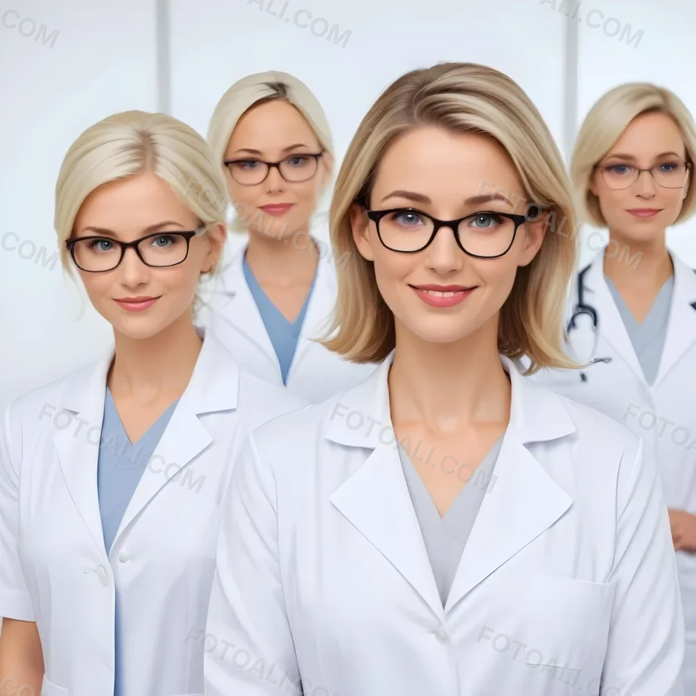 Four Medical Professionals Standing In A Row The Front Person Is A Caucasian Woman In Her 30s With Shoulder Length Blonde Hair Wearing A White Lab Coat Behind Her Are Two Women One With Short Blonde Hair And The Ot 49 83ea