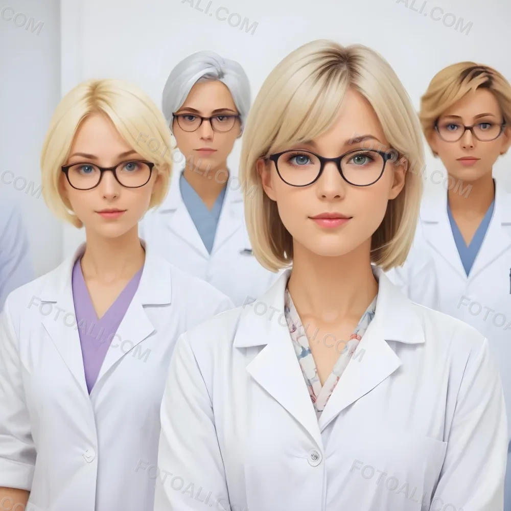 Four Medical Professionals Standing In A Row The Front Person Is A Caucasian Woman In Her 30s With Shoulder Length Blonde Hair Wearing A White Lab Coat Behind Her Are Two Women One With Short Blonde Hair And The Ot 5 D138