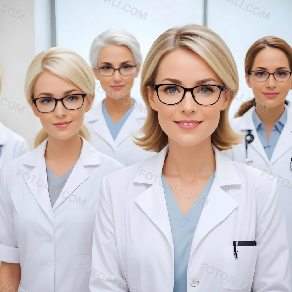Four Medical Professionals Standing In A Row The Front Person Is A Caucasian Woman In Her 30s With Shoulder Length Blonde Hair Wearing A White Lab Coat Behind Her Are Two Women One With Short Blonde Hair And The Ot 50 Aed3
