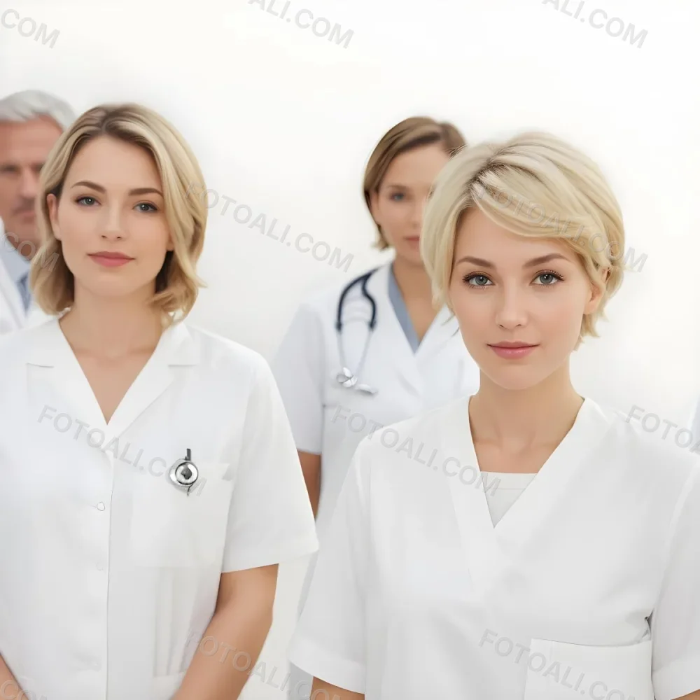 Four Medical Professionals Standing In A Row The Front Person Is A Caucasian Woman In Her 30s With Shoulder Length Blonde Hair Wearing A White Lab Coat Behind Her Are Two Women One With Short Blonde Hair And The Ot 51 C73b