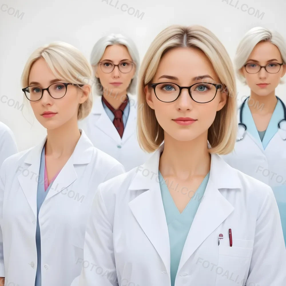 Four Medical Professionals Standing In A Row The Front Person Is A Caucasian Woman In Her 30s With Shoulder Length Blonde Hair Wearing A White Lab Coat Behind Her Are Two Women One With Short Blonde Hair And The Ot 6 Fc83
