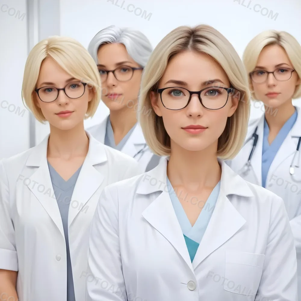 Four Medical Professionals Standing In A Row The Front Person Is A Caucasian Woman In Her 30s With Shoulder Length Blonde Hair Wearing A White Lab Coat Behind Her Are Two Women One With Short Blonde Hair And The Ot 8 04c0