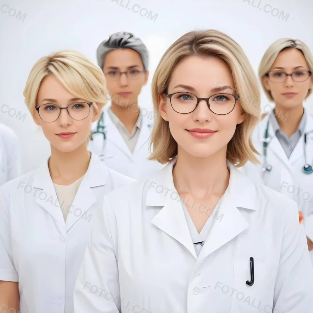 Four Medical Professionals Standing In A Row The Front Person Is A Caucasian Woman In Her 30s With Shoulder Length Blonde Hair Wearing A White Lab Coat Behind Her Are Two Women One With Short Blonde Hair And The Ot 9 0e22