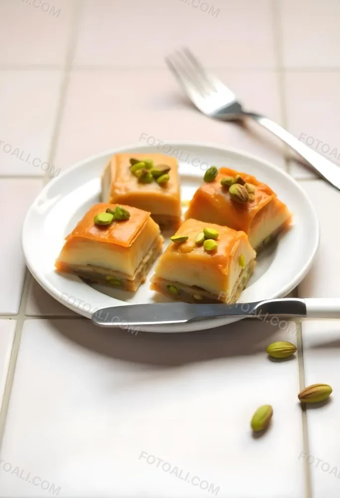 Four Pieces Of Baklava On A White Plate Garnished With Chopped Pistachios With A Fork In The Background On A Tiled Surface 15 56a5