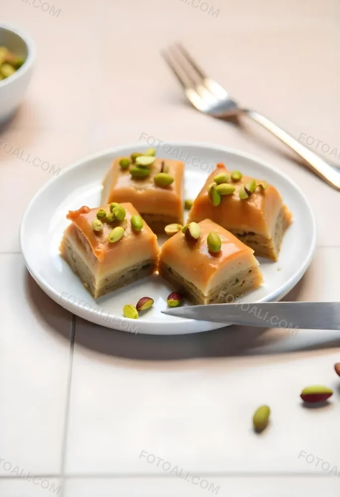 Four Pieces Of Baklava On A White Plate Garnished With Chopped Pistachios With A Fork In The Background On A Tiled Surface 17 03ce