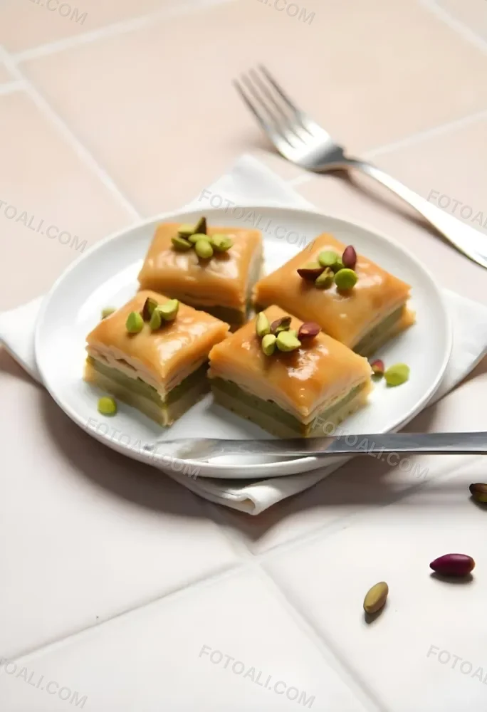 Four Pieces Of Baklava On A White Plate Garnished With Chopped Pistachios With A Fork In The Background On A Tiled Surface 18 18ad