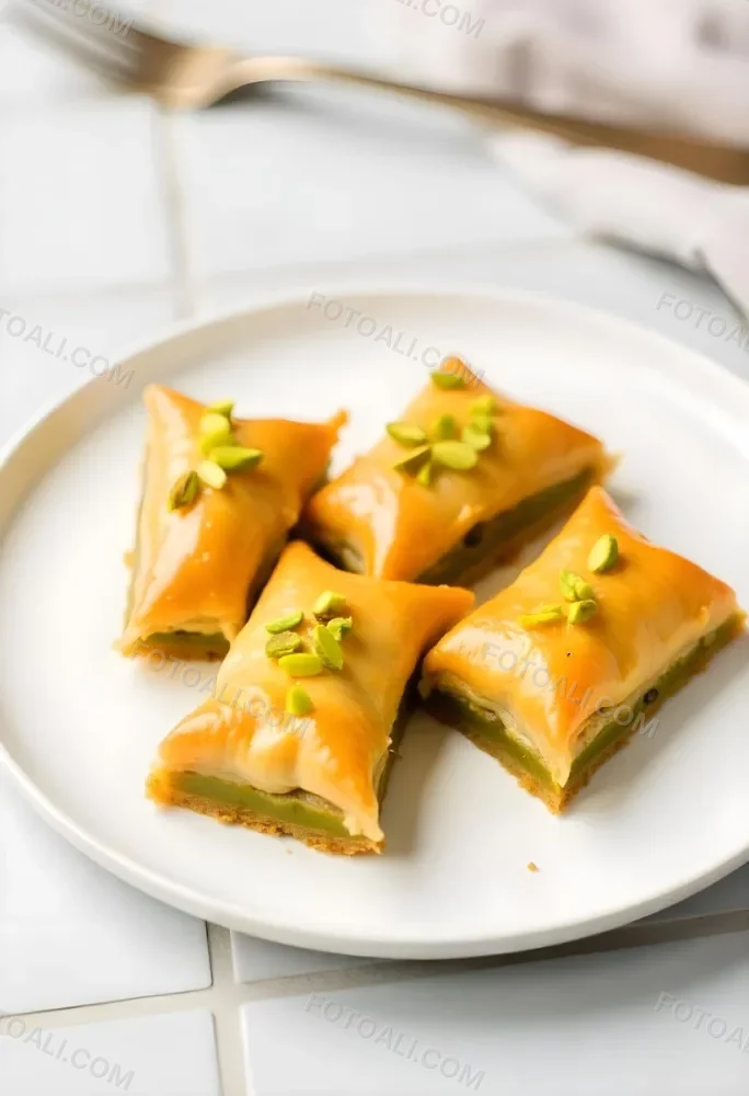 Four Pieces Of Baklava On A White Plate Garnished With Chopped Pistachios With A Fork In The Background On A Tiled Surface 7 De8a