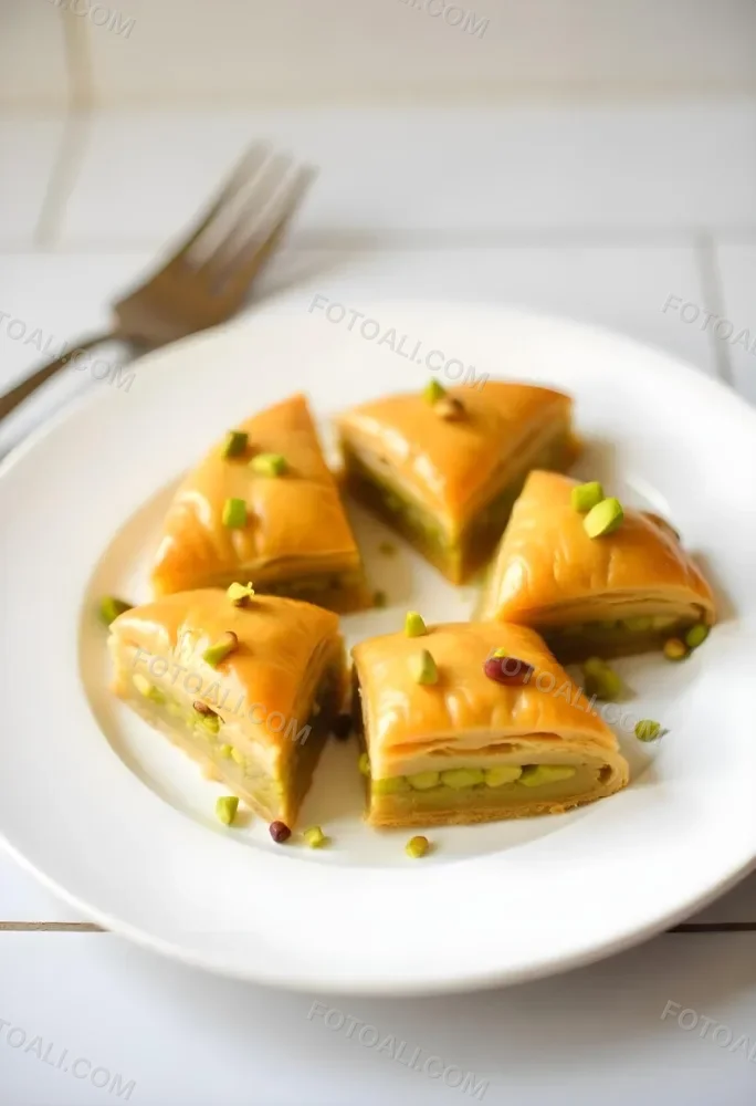 Four Pieces Of Baklava On A White Plate Garnished With Chopped Pistachios With A Fork In The Background On A Tiled Surface 9 89a6